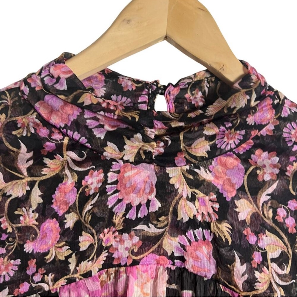 MISA Charlotta Black Pink Floral Print Long Sleeve Open Back Maxi Dress Size XL - Picture 3 of 12